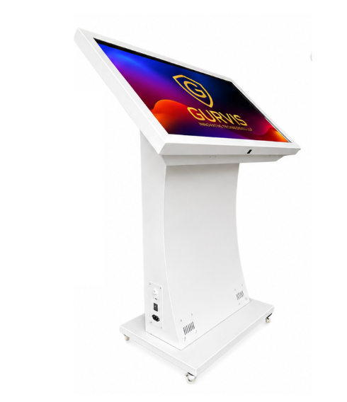 Gurvis Interactive Kiosk – angled view showing ergonomic touch display and sturdy kiosk stand