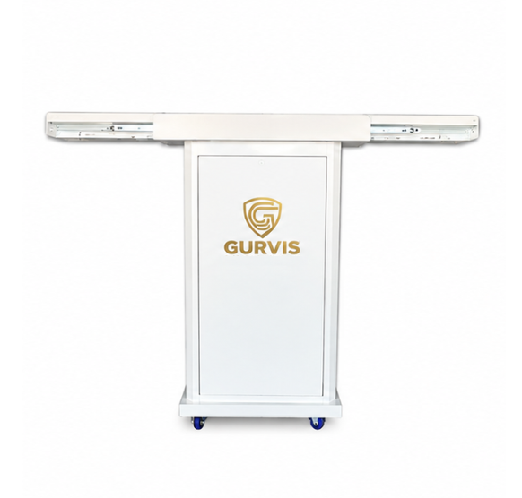 Gurvis Digital Podium – front view with Gurvis logo panel and foldable side shelves