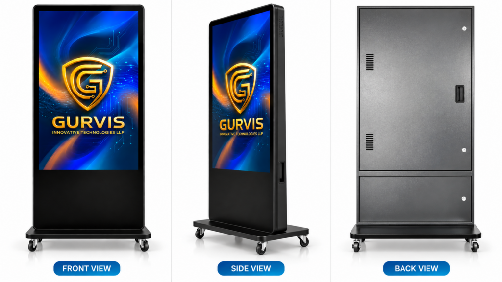 Gurvis digital standee front, side and back view