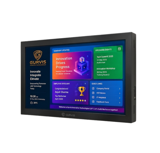 Gurvis Digital Notice Board – angled view showcasing sleek metallic frame and vibrant display