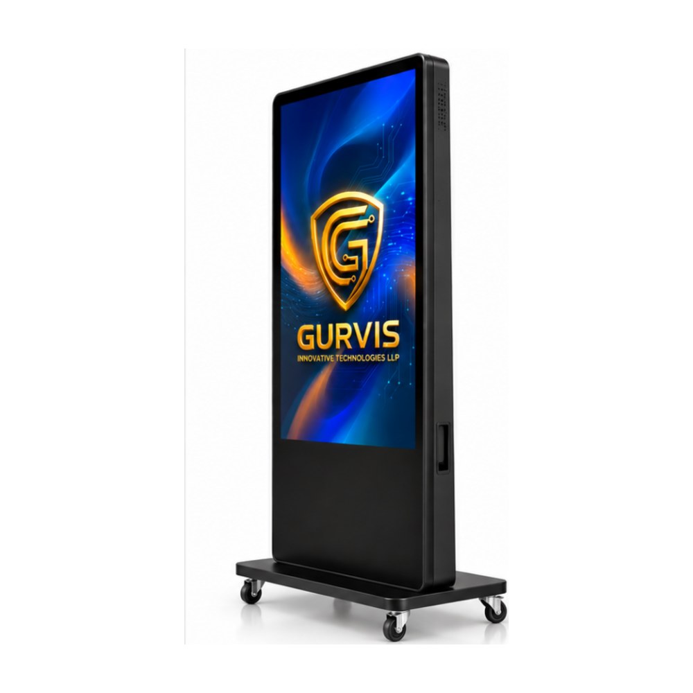 Gurvis Digital Standee – side angled view showcasing sleek floor-standing metallic enclosure