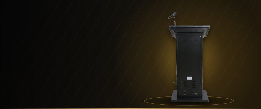 Gurvis audio podium with built-in speakers and gooseneck microphone