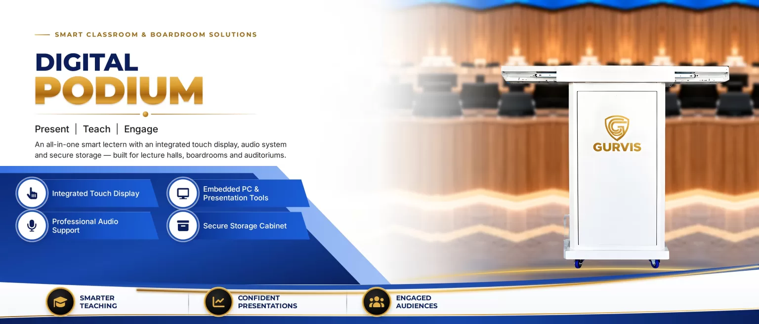 Digital Podium – all-in-one smart lectern with integrated touch display, audio system and secure storage for lecture halls, boardrooms and auditoriums