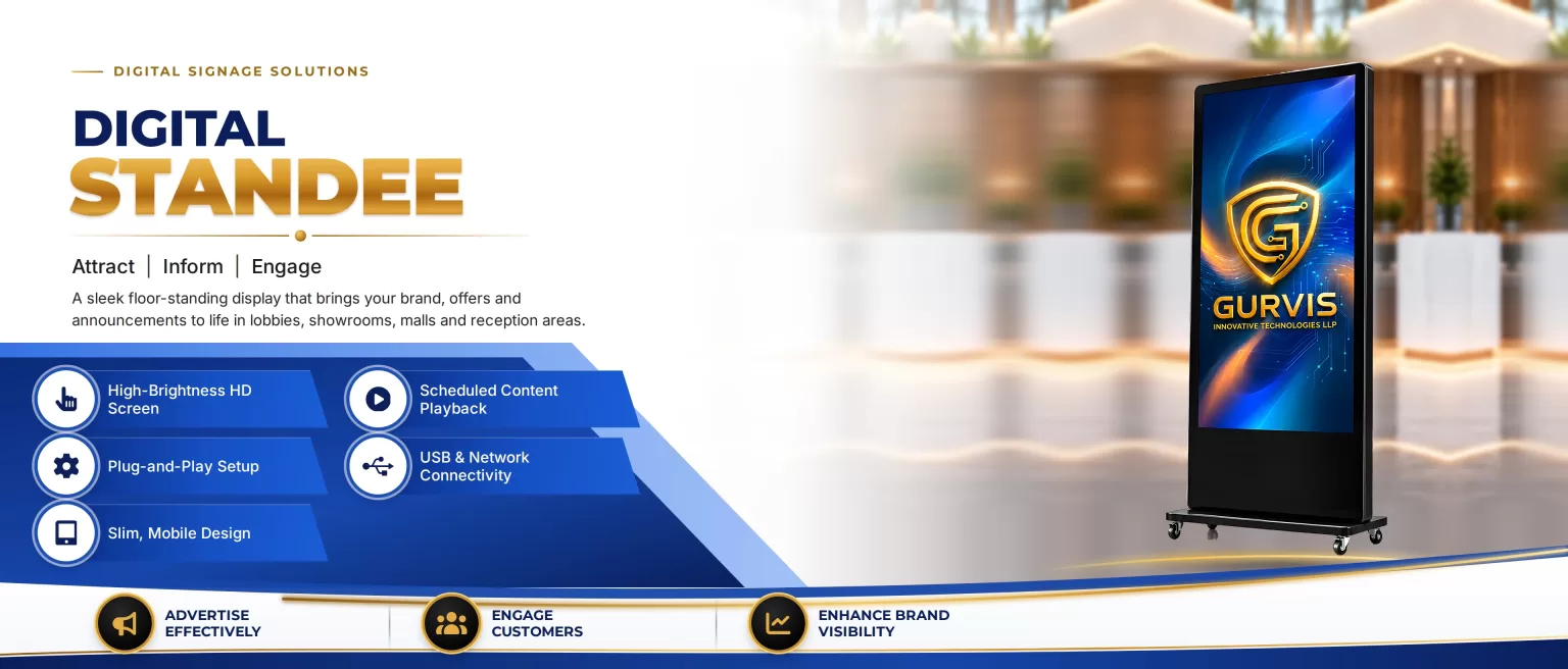 Digital Standee – sleek floor-standing digital signage display for lobbies, showrooms, malls and reception areas