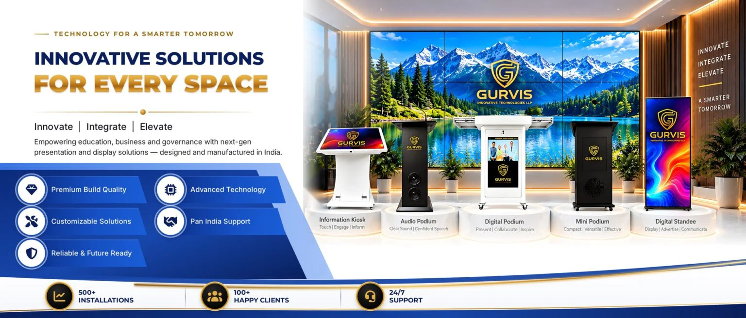 Gurvis Innovative Technologies – innovative solutions for every space: information kiosk, audio podium, digital podium, mini podium and digital standee in a modern showroom